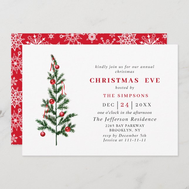 Watercolor Pine Tree Holiday CHRISTMAS EVE Invitation (Front/Back)