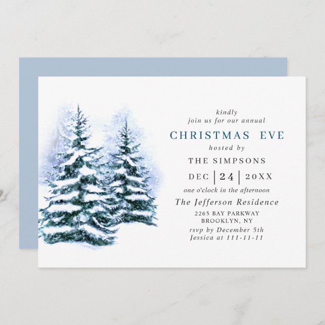 Watercolor Pine Tree Holiday CHRISTMAS EVE Invitation (Front/Back)