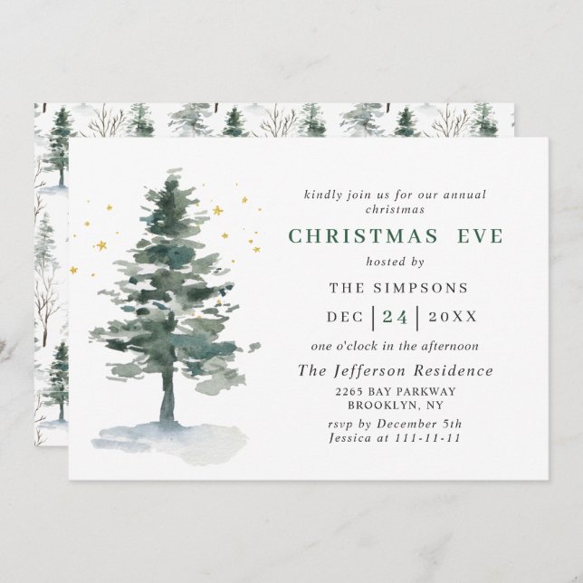 Watercolor Pine Tree Holiday CHRISTMAS EVE Invitation (Front/Back)
