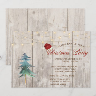 Watercolor Pine Tree,Lights Wood Christmas Party Invitation