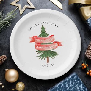 Watercolor Pine Tree Merry Little Baby Shower Paper Plate