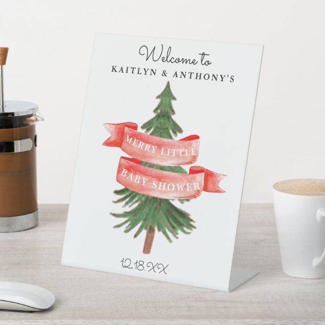 Watercolor Pine Tree Merry Little Baby Shower Pedestal Sign (In SItu)
