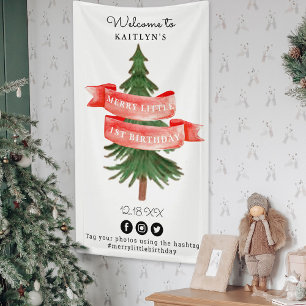 Watercolor Pine Tree Merry Little Birthday Banner