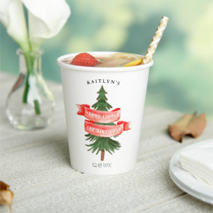 Watercolor Pine Tree Merry Little Birthday Paper Cups