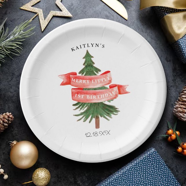 Watercolor Pine Tree Merry Little Birthday Paper Plate (Creator Uploaded)