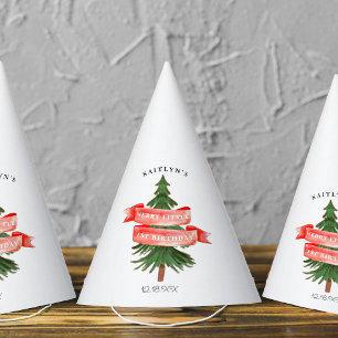 Watercolor Pine Tree Merry Little Birthday Party Hat