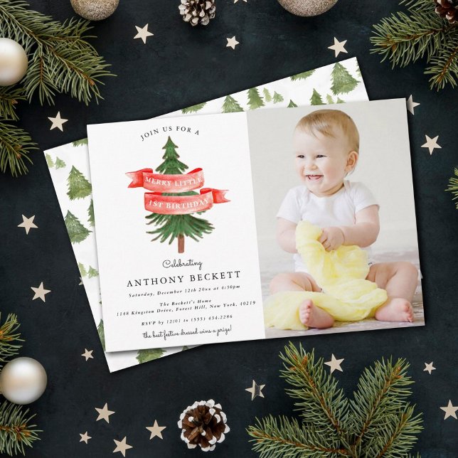 Watercolor Pine Tree Merry Little Birthday Photo Invitation (Creator Uploaded)