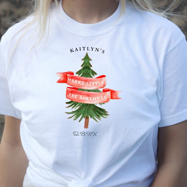 Watercolor Pine Tree Merry Little Birthday T-Shirt (Creator Uploaded)