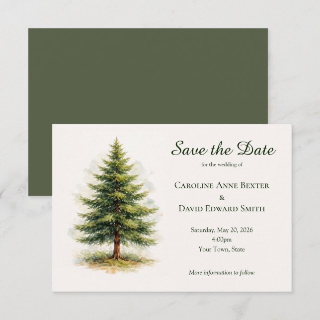 Watercolor Pine Tree Minimalist Save the Date (Front/Back)