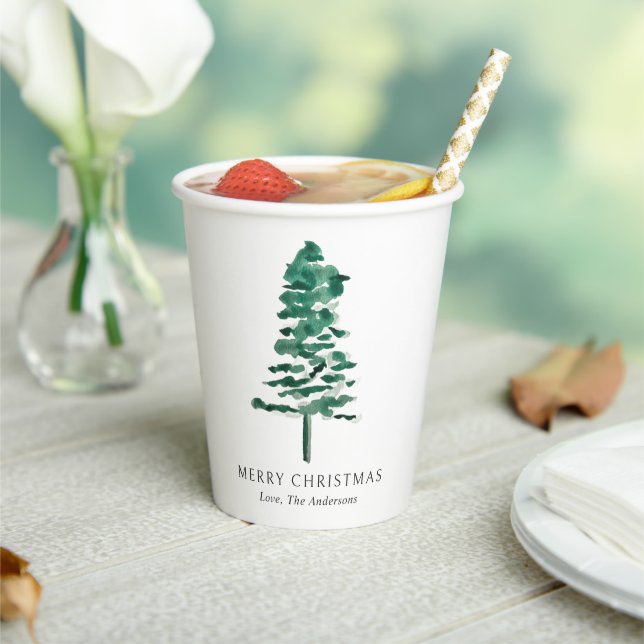 Watercolor Pine Tree Modern Christmas Paper Cups (Insitu)