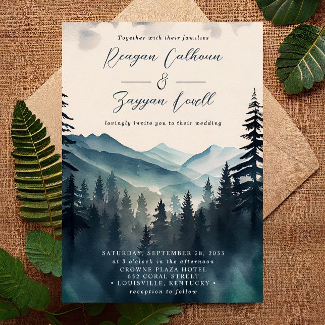Watercolor Pine Tree Mountain Calligraphy Wedding Invitation (Creator Uploaded)