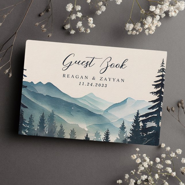 Watercolor Pine Tree Mountain Wedding Guest Book (Creator Uploaded)