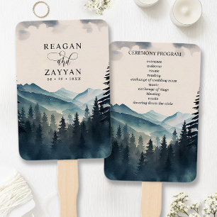 Watercolor Pine Tree Mountain Wedding Program Hand Fan