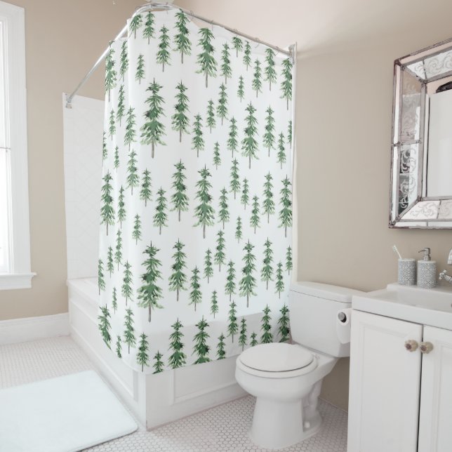 Watercolor Pine Tree Pattern Shower Curtain (In Situ)
