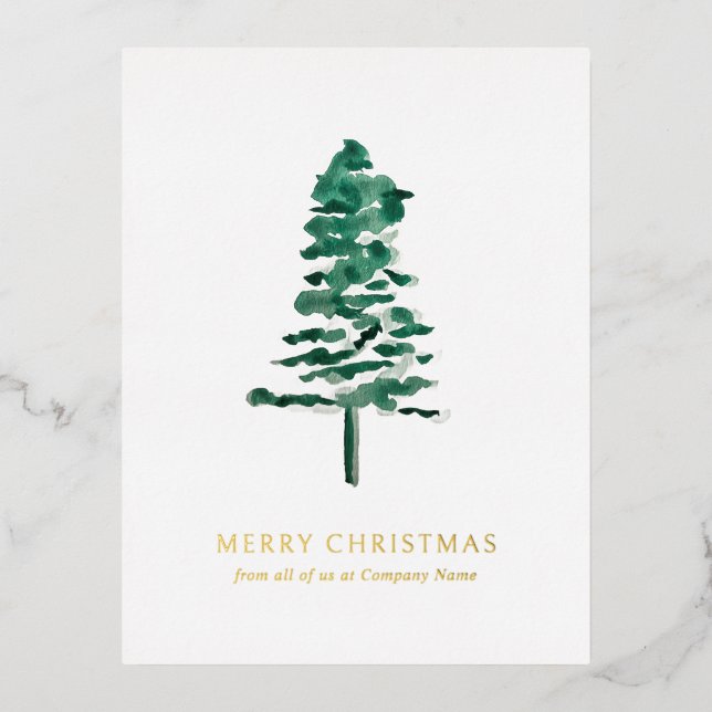 Watercolor Pine Tree Photo Business Christmas Foil Holiday Postcard (Front)