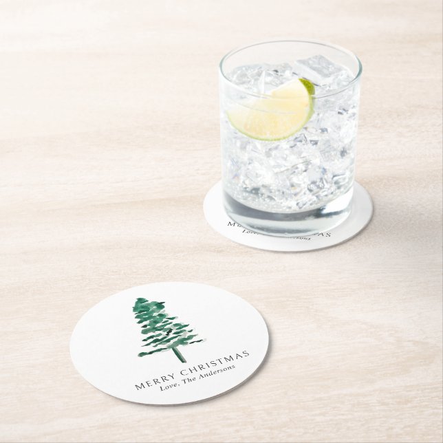 Watercolor Pine Tree Photo Modern Christmas Round Paper Coaster (Insitu)