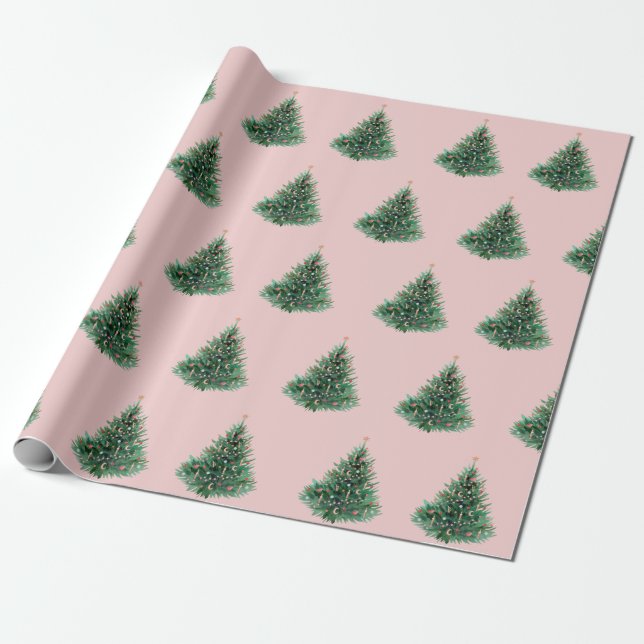 Watercolor Pine Tree Pink Christmas Wrapping Paper (Unrolled)