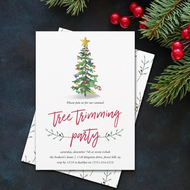 Watercolor Pine Tree Trimming Holiday Party Invitation (Creator Uploaded)
