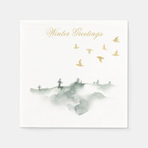 Watercolor Pine Trees and Birds Winter Napkin