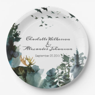 Watercolor Pine Trees and Moose Pacific Northwest Paper Plate