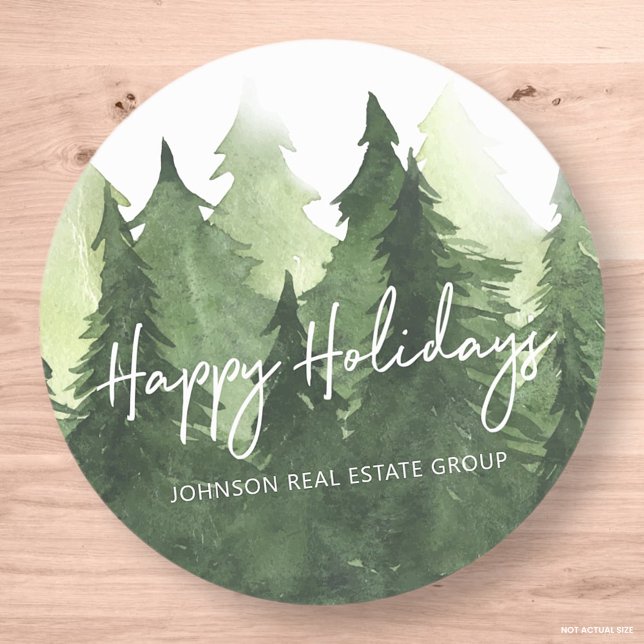 Watercolor Pine Trees Business Happy Holidays Classic Round Sticker (Creator Uploaded)