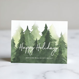 Watercolor Pine Trees Business Happy Holidays Postcard