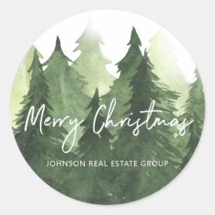 Watercolor Pine Trees Business Merry Christmas Classic Round Sticker