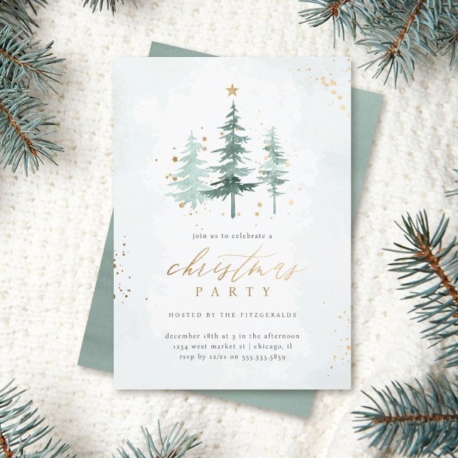 Watercolor Pine Trees Christmas Holiday Party Invitation (Creator Uploaded)