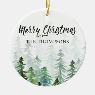 Watercolor Pine Trees Christmas Photo Ceramic Tree Decoration