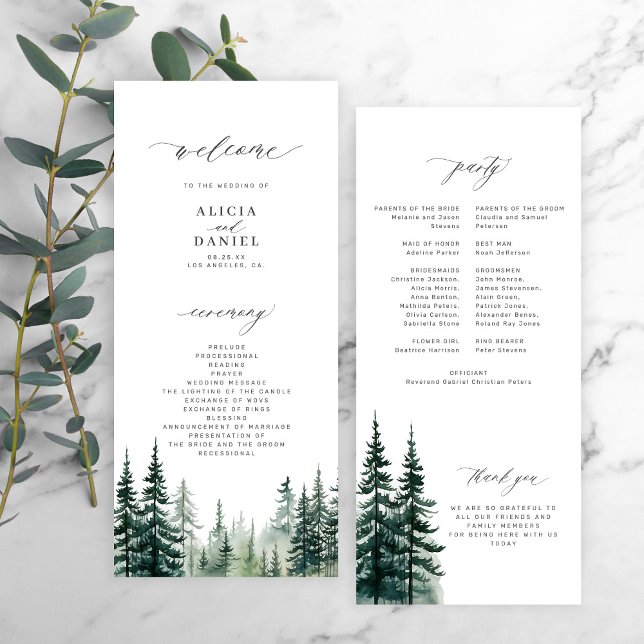 Watercolor pine trees destination wedding program (Creator Uploaded)