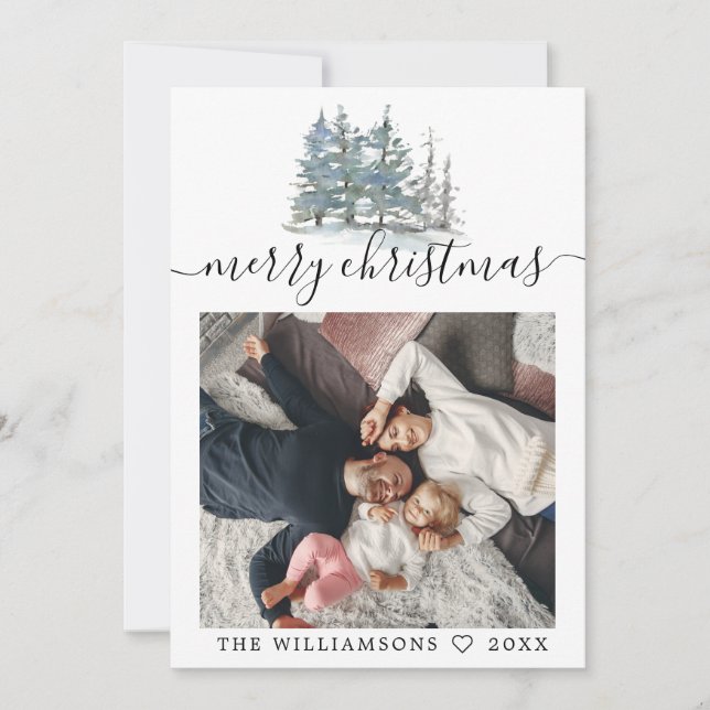 Watercolor pine trees forest Christmas photo Announcement (Front)