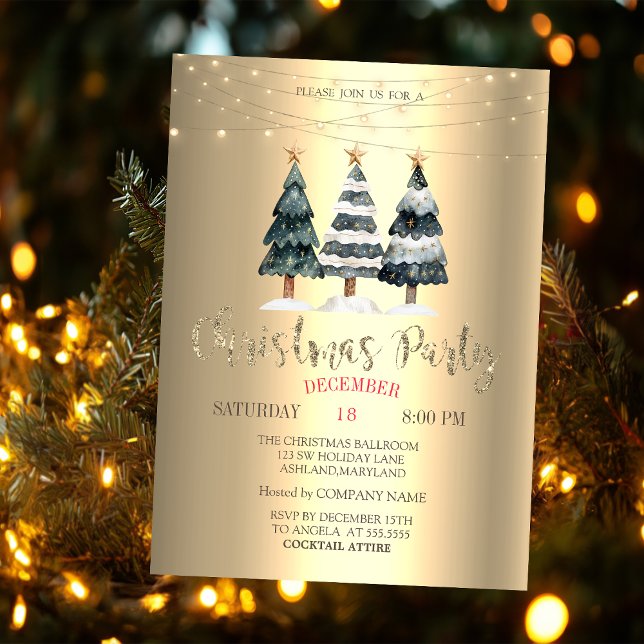 Watercolor Pine Trees Gold Christmas Company  Invitation (Creator Uploaded)