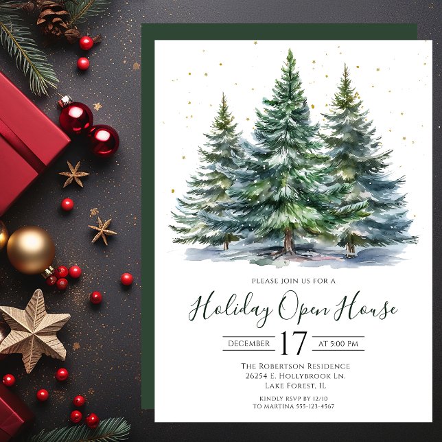 Watercolor Pine Trees Holiday Open House Invitation (Creator Uploaded)