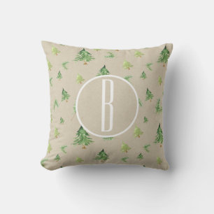 Watercolor Pine Trees Kraft Monogram initial Cushion