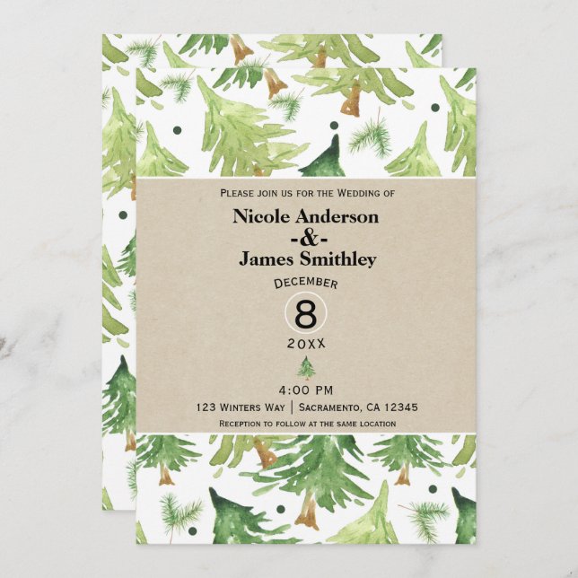 Watercolor Pine Trees Modern Rustic Kraft Wedding Invitation (Front/Back)