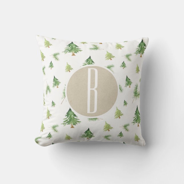 Watercolor Pine Trees Monogram Letter Initial Cushion (Front)