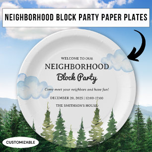 Watercolor Pine Trees Neighbourhood Block Party Paper Plate