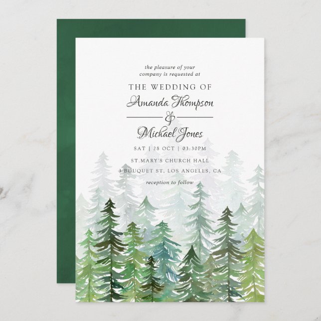 Watercolor Pine Trees Winter Wedding Invitation (Front/Back)