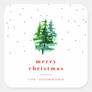 Watercolor Pine Trees with Red Merry Christmas Square Sticker