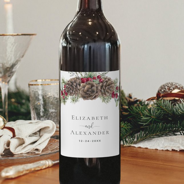 Watercolor Pine Winter Berries Christmas Wedding Wine Label (Creator Uploaded)