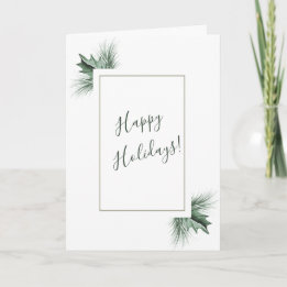 Watercolor PIne & Winter Green Holly Holiday Card