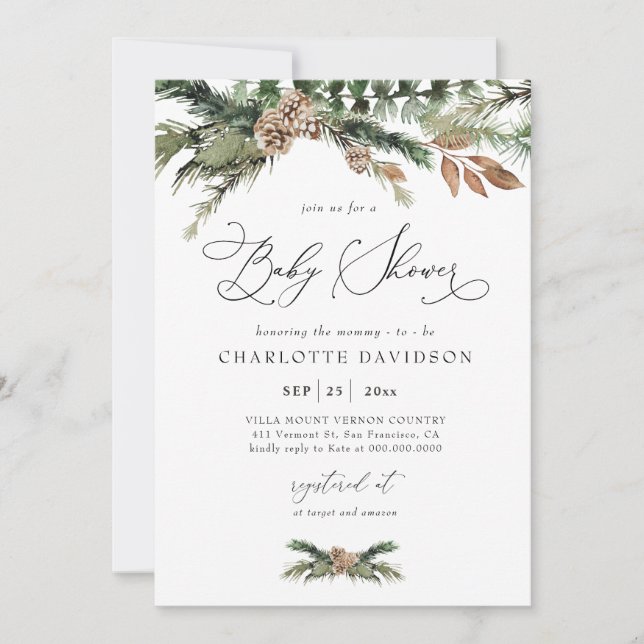 Watercolor Pine Winter Greenery Rustic Baby Shower Invitation (Front)