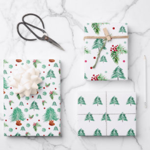Watercolor Pine Wreath and Red Berries Wrapping Paper Sheet