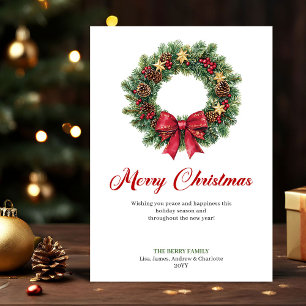 Watercolor Pine Wreath Christmas Greeting Design Holiday Card