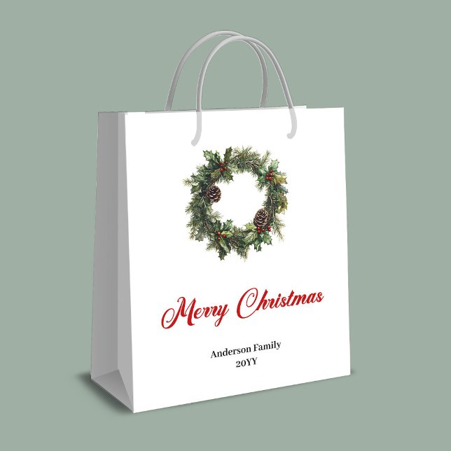 Watercolor pine wreath holiday gift bag with name (Watercolor pine wreath holiday gift bag with name)