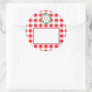 Watercolor Pine Wreath MONOGRAM Red Check Classic Round Sticker
