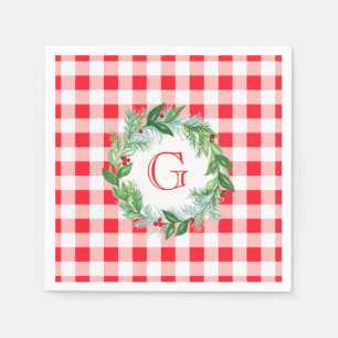 Watercolor Pine Wreath MONOGRAM Red Check  Napkin
