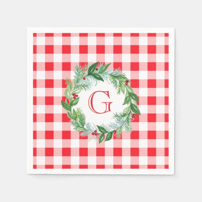 Watercolor Pine Wreath MONOGRAM Red Check  Napkin (Front)