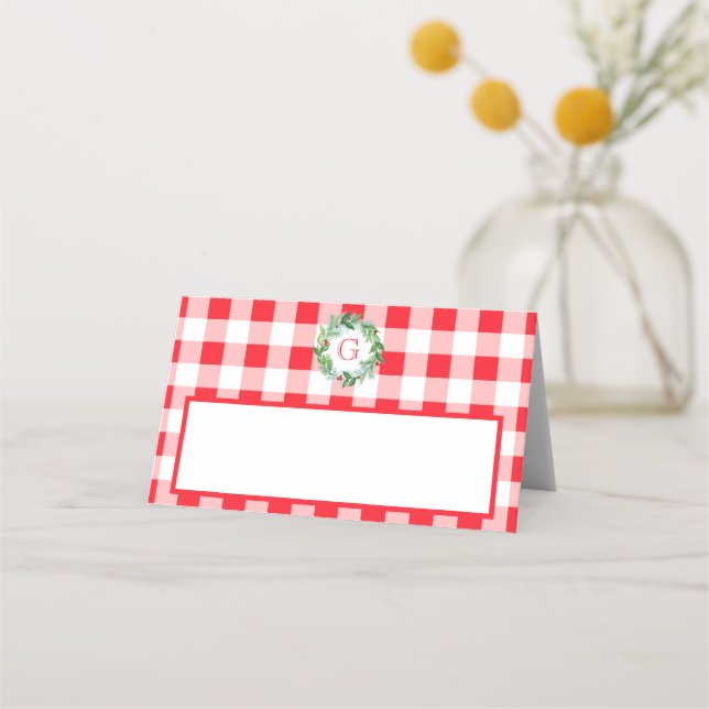Watercolor Pine Wreath MONOGRAM Red Check  Place Card (Front)