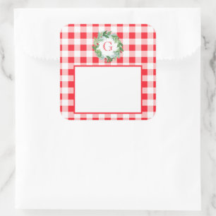 Watercolor Pine Wreath MONOGRAM Red Check  Square Sticker